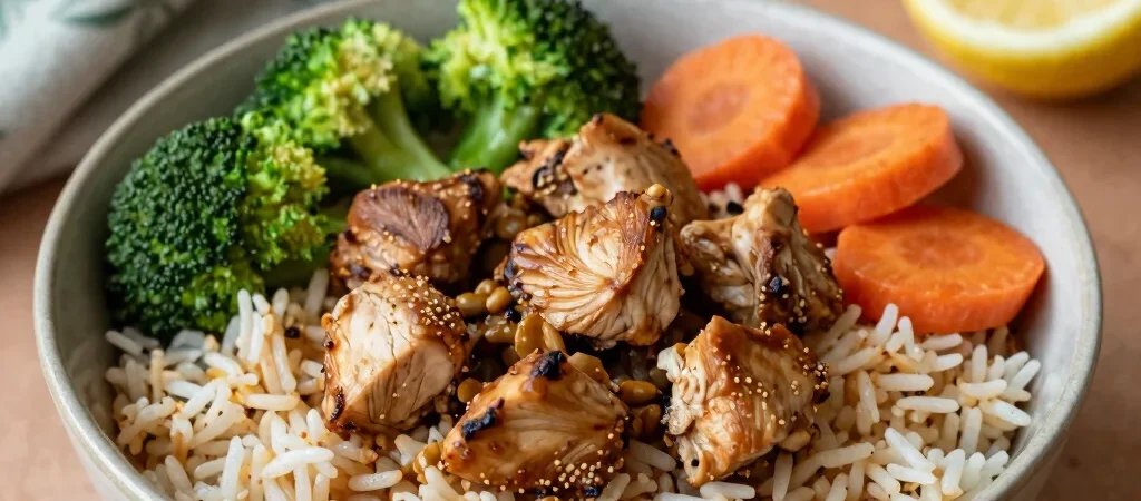 Bowl de frango, arroz e legumes para a semana